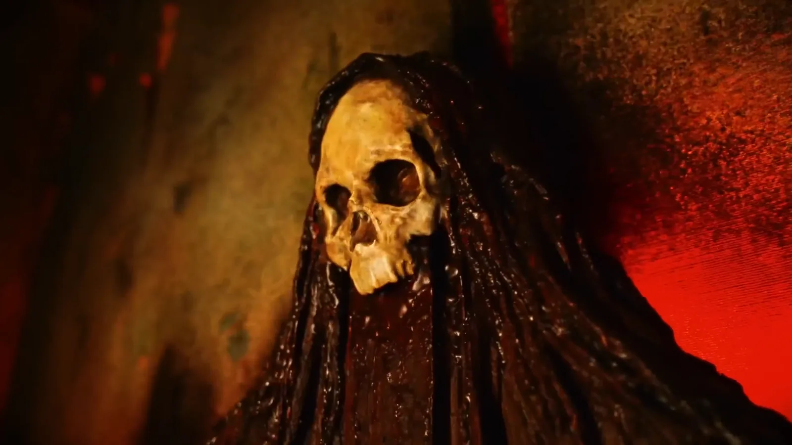 A skull draped in long black hair against a red wall in The Possession